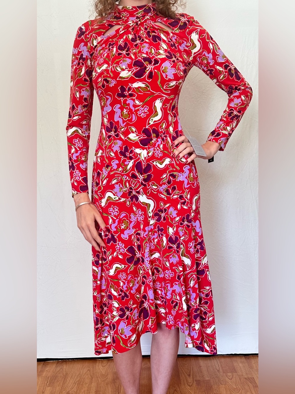 Nordstrom Red Floral Long-Sleeve Midi Dress